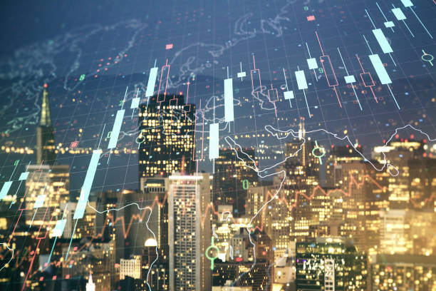 istock Multi exposure of virtual abstract financial chart hologram and world map on San Francisco skyscrapers background, research and analytics concept 1340087569