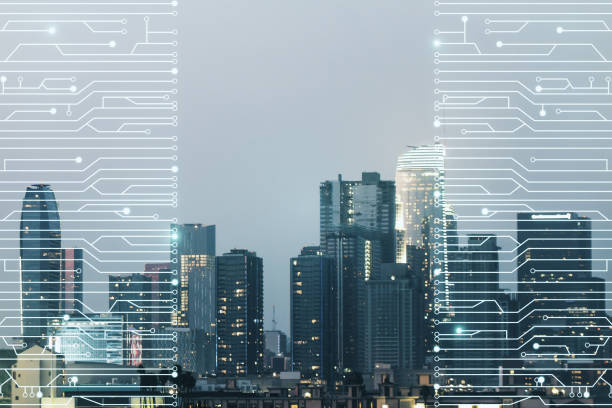 istock Abstract virtual micro chip hologram on Los Angeles cityscape background, artificial intelligence and machine learning concept. Multi exposure 1340087573