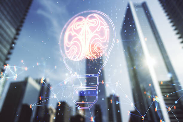 istock Abstract virtual idea concept with light bulb and human brain illustration on office buildings background. Neural networks and machine learning concept. Multiexposure 1340087591