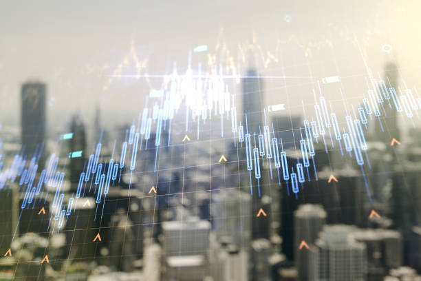 istock Double exposure of abstract creative financial chart hologram and world map on blurry cityscape background, research and strategy concept 1340087593