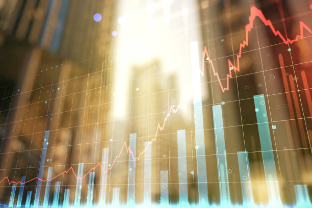 Double exposure of abstract financial graph on office buildings background, forex and investment concept