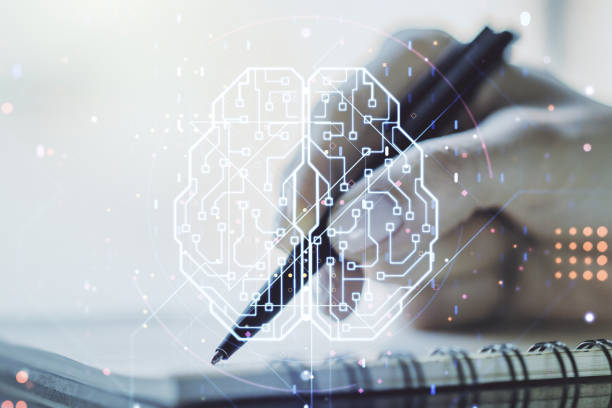 istock Double exposure of creative human brain microcircuit with woman hand writing in notepad on background. Future technology and AI concept 1340087610