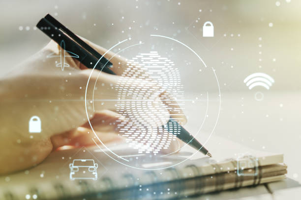 istock Abstract creative fingerprint concept with woman hand writing in notebook on background. Multiexposure 1340087625