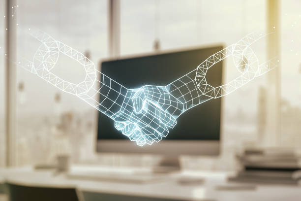 istock Creative abstract block chain technology sketch with handshake on modern laptop background, future technology and blockchain concept. Double exposure 1340087683