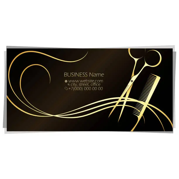 Vector illustration of Hair curls comb and scissors, golden business card