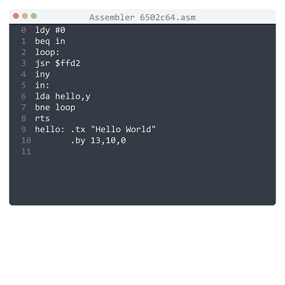 Vetores de Assembler 6502c64 Linguagem Hello World Amostra Do Programa ...