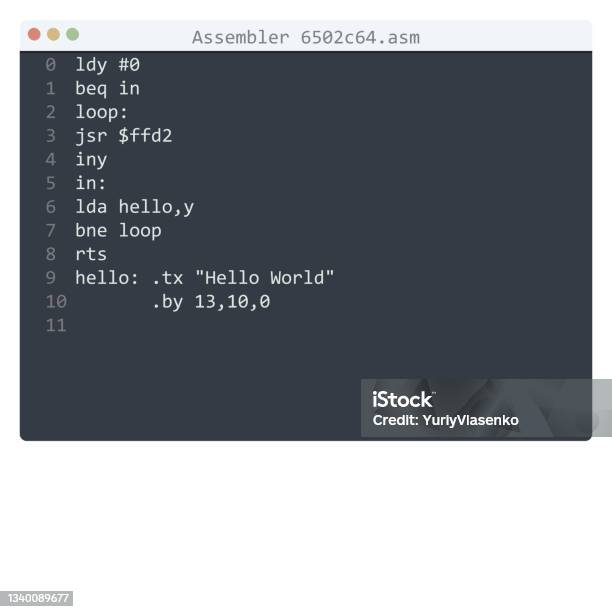 Assembler 6502c64 Language Hello World Program Sample In Editor Window Assembler 6502c64 Language Hello World Program Sample In Editor Window