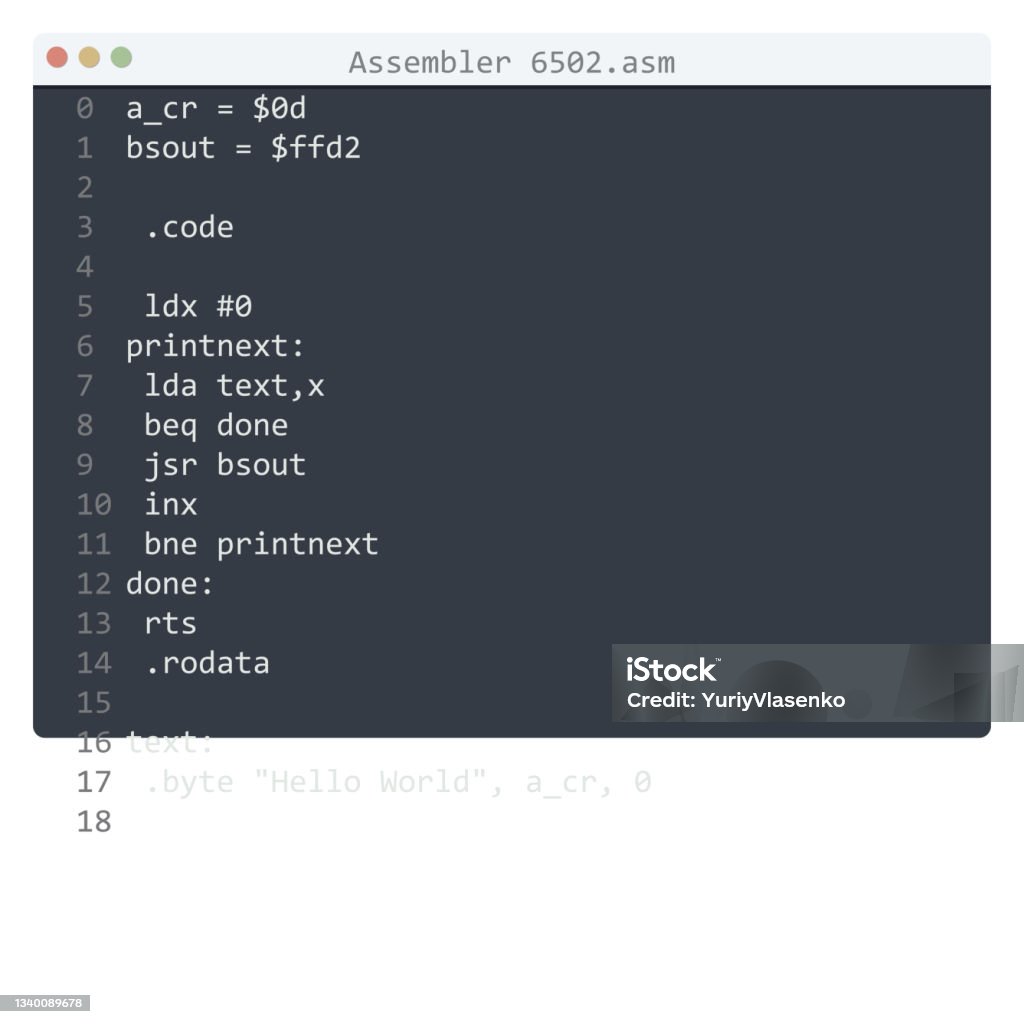 Assembler 6502 Language Hello World Program Sample In Editor Window Assembler 6502 Language Hello World Program Sample In Editor Window