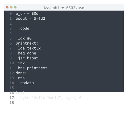 Assembler 6502 Language Hello World Program Sample In Editor Window ...