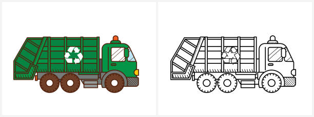 Garbage truck coloring page. Garbage truck side view vector art illustration