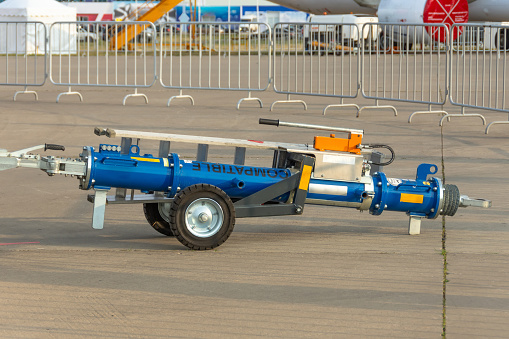 Aircraft tow truck for connected to the tug of the nose landing gear, close up