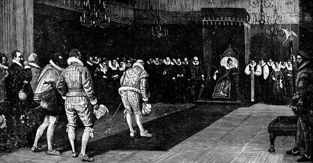 Sir Francis Walsingham Reporting the St. Bartholomew's Day massacre to Queen Elizabeth I, Painting by William Frederick Yeames - 19th Century Sir Francis Walsingham Reporting the St. Bartholomew's Day massacre to Queen Elizabeth I, painting by William Frederick Yeames (circa 19th century). Vintage etching circa late 19th century. Massacre stock illustrations