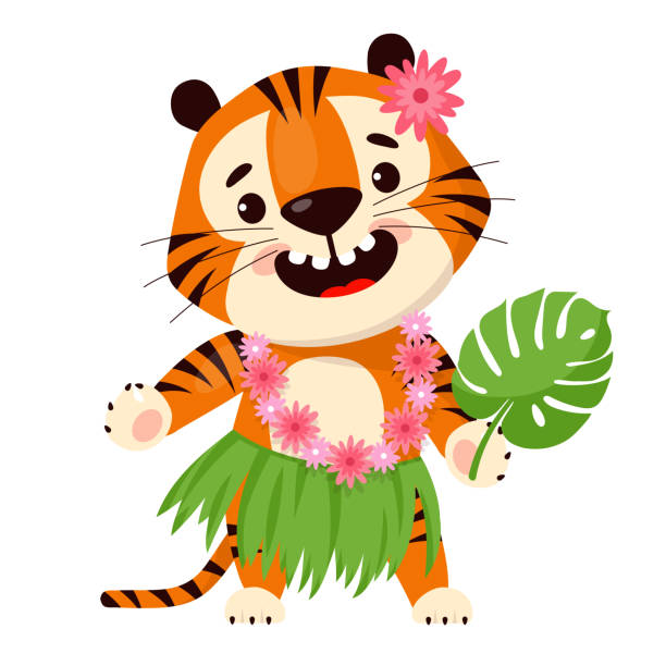 Cute cartoon tiger in traditional hawaiian skirt and floral wreath. Symbol of 2022, year of the tiger. Vector illustration isolated on white background Cute cartoon tiger in traditional hawaiian skirt and floral wreath. Symbol of 2022, year of the tiger. Vector illustration isolated on white background. hula dancer stock illustrations