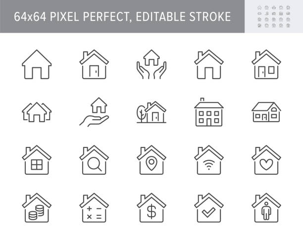 Home line icons. Vector illustration include icon - country house, property, cottage, chimney, homepage, residential building outline pictogram for real estate. 64x64 Pixel Perfect, Editable Stroke Home line icons. Vector illustration include icon - country house, property, cottage, chimney, homepage, residential building outline pictogram for real estate. 64x64 Pixel Perfect, Editable Stroke. residential building stock illustrations