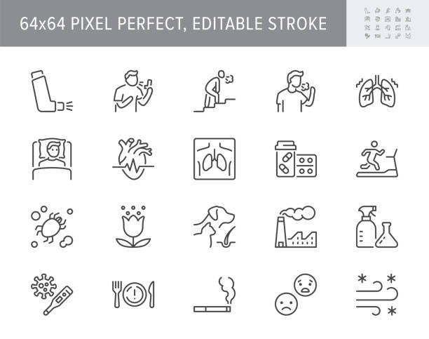 Asthma line icons. Vector illustration include icon - inhaler, cough, pollen, dust, lung, flu, xray, tachycardia, breath outline pictogram for allergen. 64x64 Pixel Perfect, Editable Stroke Asthma line icons. Vector illustration include icon - inhaler, cough, pollen, dust, lung, flu, xray, tachycardia, breath outline pictogram for allergen. 64x64 Pixel Perfect, Editable Stroke. animal heart stock illustrations