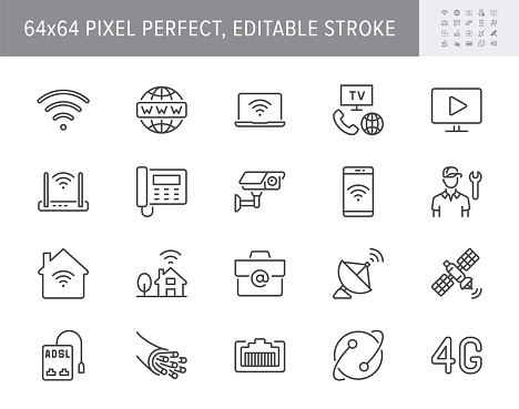 Internet line icons. Vector illustration include icon - satellite dish, provider, wifi, cctv camera, laptop, optical cable, patch cord outline pictogram for web. 64x64 Pixel Perfect, Editable Stroke.