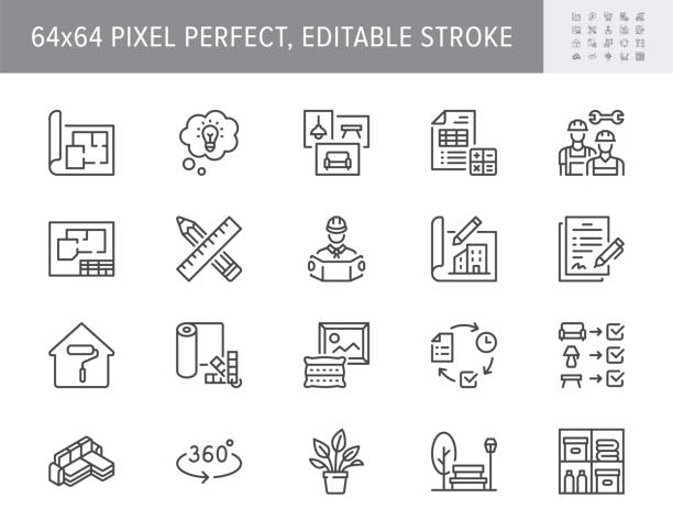interior design line icons. vector illustration include icon - architecture, blueprint, project calculation, documentation outline pictogram for home decoration. 64x64 pixel perfect, editable stroke - konut stock illustrations