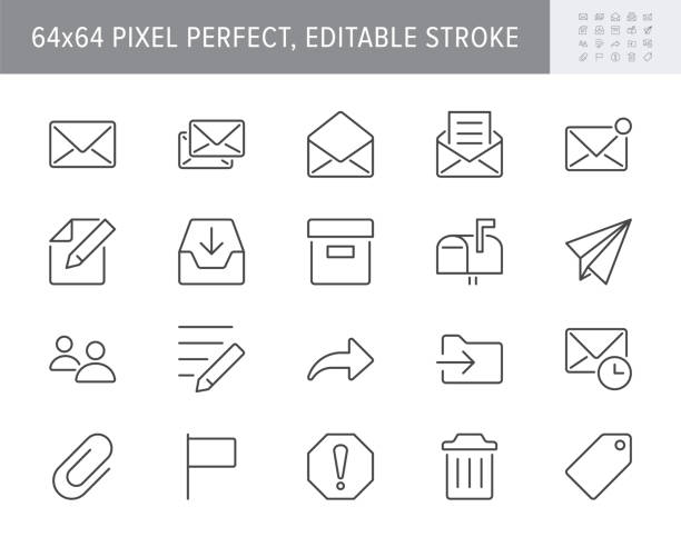 Mail line icons. Vector illustration include icon - postbox, label, letter, email, envelope, spam, document attachment outline pictogram for postal service. 64x64 Pixel Perfect, Editable Stroke Mail line icons. Vector illustration include icon - postbox, label, letter, email, envelope, spam, document attachment outline pictogram for postal service. 64x64 Pixel Perfect, Editable Stroke. letter envelope icon stock illustrations