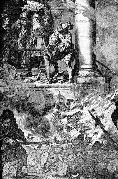 People book burning the Talmud at the end of the Disputation of Paris (circa 13th century). Vintage etching circa 19th century.