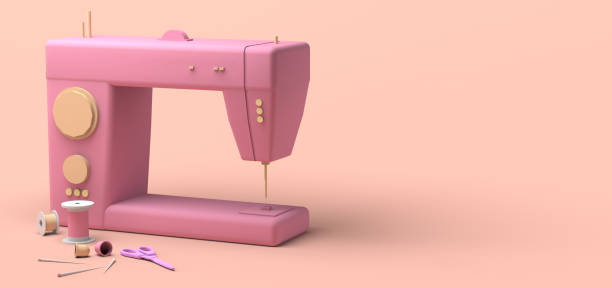 Clothing design concept with sewing machine, thimbles, and sewing threads. Copy space. 3D illustration.