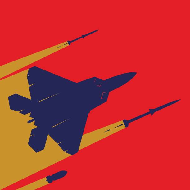 Airstrike concept. F22 raptor flying Missile, Fighter Plane, Airplane, F-22 Raptor, Bombing air attack stock illustrations