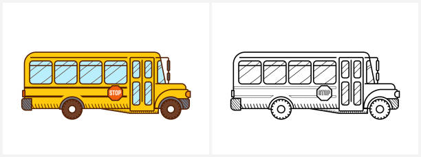 School bus coloring book. Yellow school bus vector art illustration