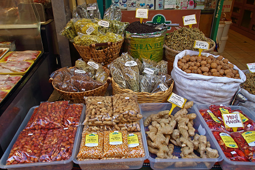 Istanbul, Turkey - October 10, 2019: assortment of products and spices in a grocery store on market