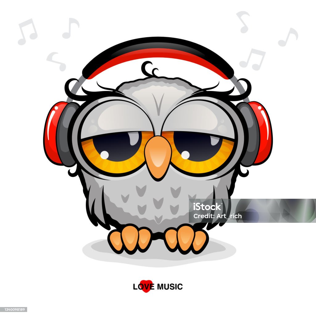 Gray Cartoon Owl With Red Headphones On A White Background Concept Music  Relaxation Stock Illustration - Download Image Now - iStock