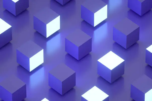 Photo of 3D abstract cube blocks background with neon lights