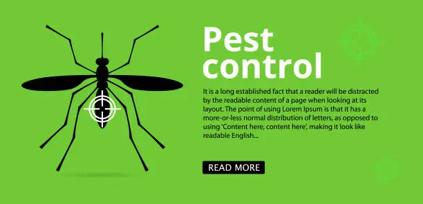 Vector illustration of Mosquito and insect control web banner with text space. Mosquito silhouette on a green background. Control, processing of the premises