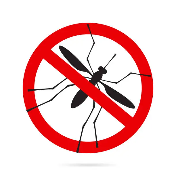 Vector illustration of Mosquito silhouette and sign prohibited on a white background. Stop sticker mosquitoes, insect pests