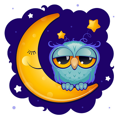 Owl and yellow moon on the background of the night sky with stars. Sleep concept. Cartoon style