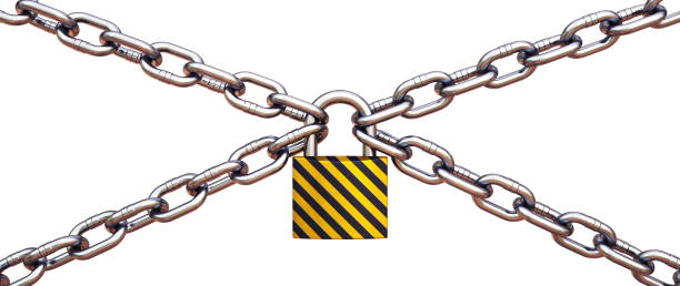 istock Striped padlock crisscrossing four shiny chains isolated on white background. Close up front-view, wide horizontal composition. 1340098525