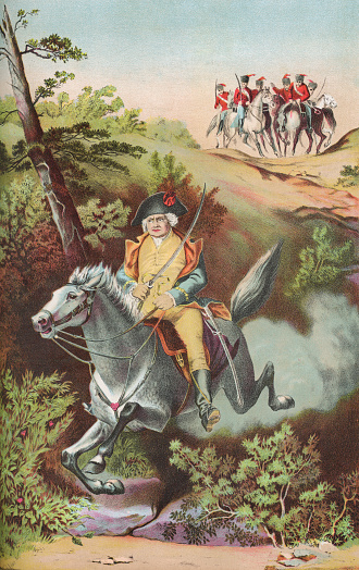General Israel Putnam’s Daring Ride, painting by Alonzo Chappel (circa 19th century). Vintage etching circa late 19th century.