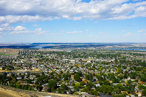 Tri-Cities Washington from high vantage point showing Columbia river in background