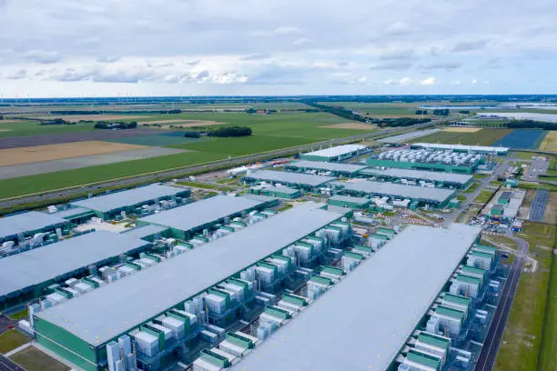 drone  aerial view of new Mmcrosoft datacenters . the huge buildings are located along highway a7 in the province Noordholland near wieringerwerf.