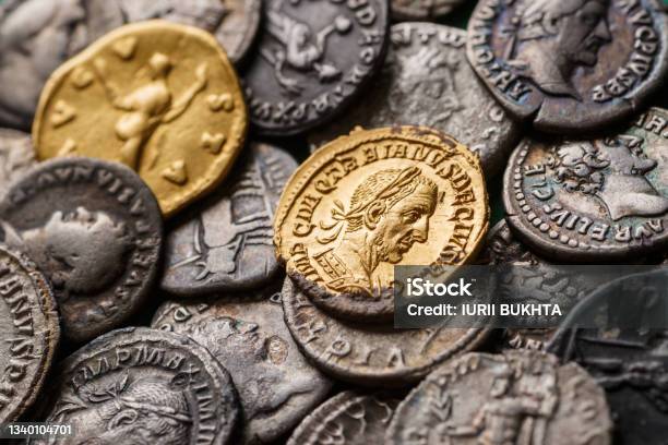 A Treasure Of Roman Gold And Silver Coinstrajan Decius Ad 249251 Av Aureusancient Coin Of The Roman Empireauthentic Silver Denarius Antoninianus Aureus Of Ancient Romeantikvariat Stock Photo - Download Image Now