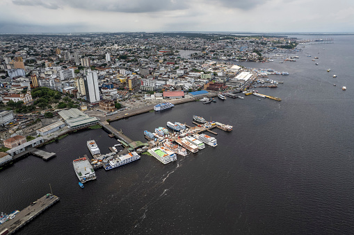 Aerial view os ships and urban maritime structures in the city of Manaus - Amazonas, on the banks of the Rio Negro