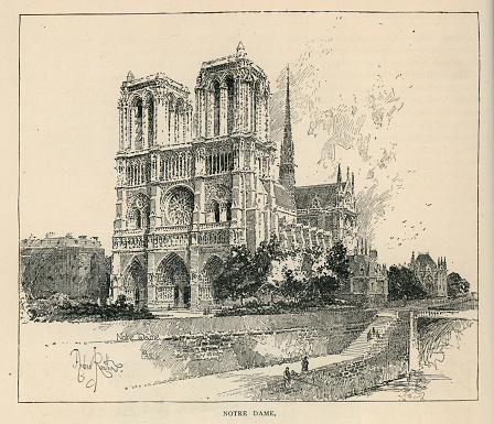 Vintage illustration of Notre Dame, Paris, France, Medieval French Gothic Architecture, 19th Century