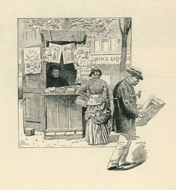 uliczny sprzedawca sprzedający gazety, paryż, francja, stoisko z gazetami, 19th century - newspaper vendor stock illustrations