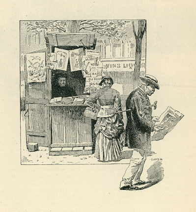 Vintage illustration of Street vendor selling newspapers, Paris, France, 19th Century