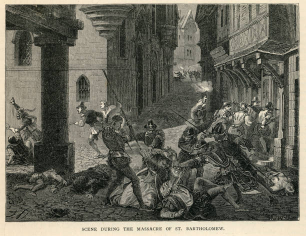 St. Bartholomew's Day massacre, Paris, French Wars of Religion, 16th Century Vintage illustration of the St. Bartholomew's Day massacre in 1572, a targeted group of assassinations and a wave of Catholic mob violence, directed against the Huguenots during the French Wars of Religion. Massacre stock illustrations
