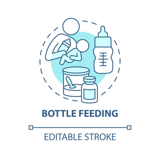 ilustraciones, imágenes clip art, dibujos animados e iconos de stock de icono de concepto azul de alimentación con biberón - suckling