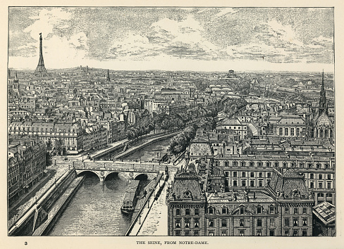 Vintage illustration of Seine and Cityscape, Skyline of Paris, France, from Notre Dame, 19th Century