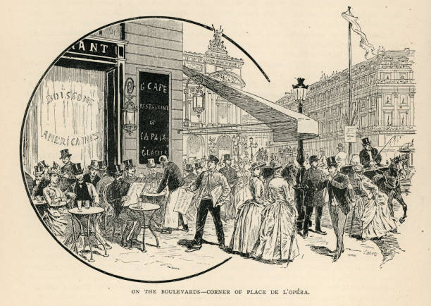 Parisian pavement café, corner of Place De L'Opera, Paris, France, 19th Century Vintage illustration of Parisian pavement cafe, corner of Place De L'Opera, PAris, France, 19th Century. On the Boulevards, 1890s place de lopera stock illustrations