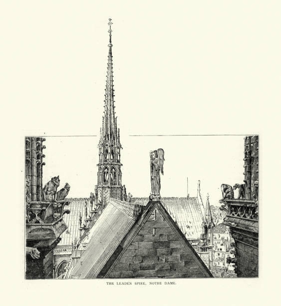 노트르담, 파리, 프랑스, 19세기 리드덴 첨탑 - church spire stock illustrations