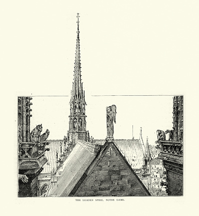 Vintage illustration of the Leaden spire of Notre Dame, Paris, France, 19th Century