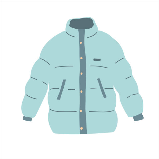 illustrazioni stock, clip art, cartoni animati e icone di tendenza di piumino invernale blu con zip isolato vettoriale sullo sfondo bianco. giacca imbottita con bottoni. disegno a mano blu piatto - coat