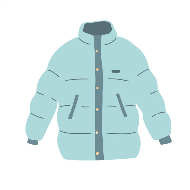 ilustrações de stock, clip art, desenhos animados e ícones de blue winter zipped down jacket isolated vector on the white background. padded jacket with buttons. blue hand drawing flat - coat