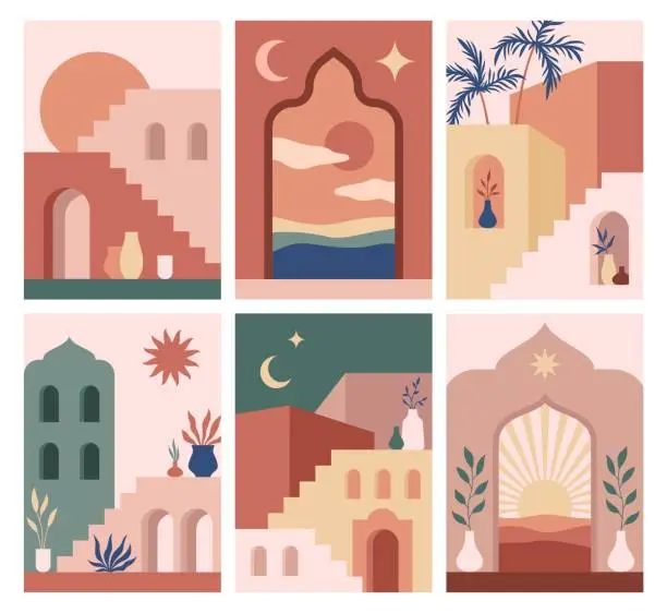 Vector illustration of Abstract architecture posters. Simple geometric staircases and eastern arches, moroccan style simple contemporary cards, trendy boho doors and windows, sun moon and stars vector isolated set